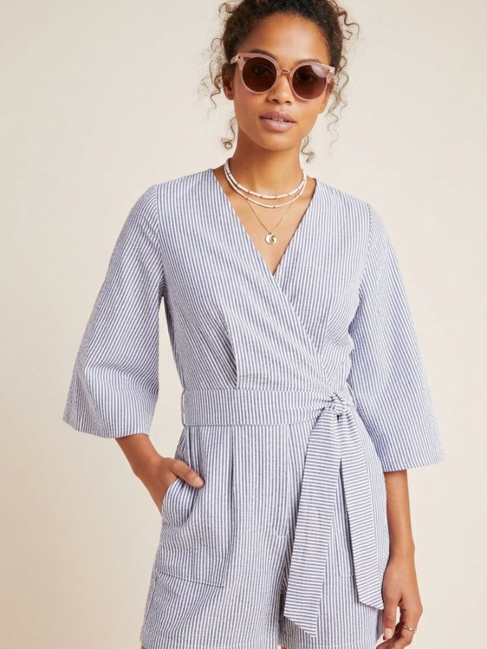 Anthropologie Amadi Meghan Seersucker Romper Small Blue Stripe Wrap Pockets